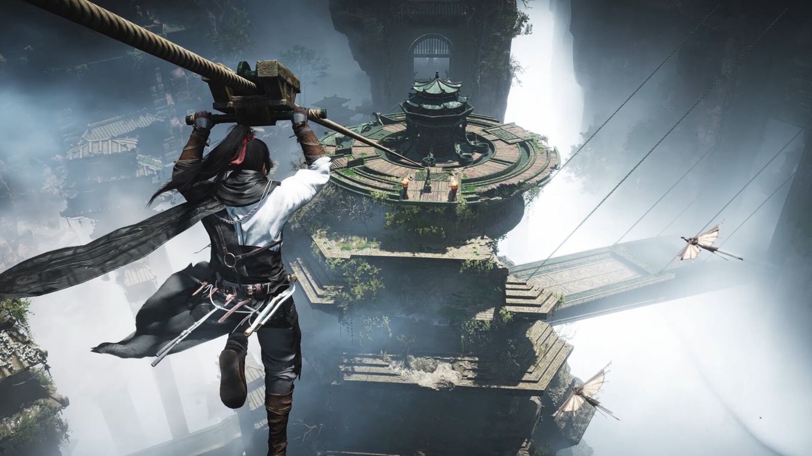 Where Winds Meet warrior wielding a large weapon in mid air combat
