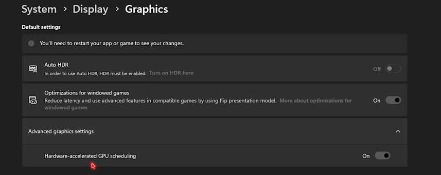 Windows Display Graphics settings with Hardware-accelerated GPU scheduling turned on