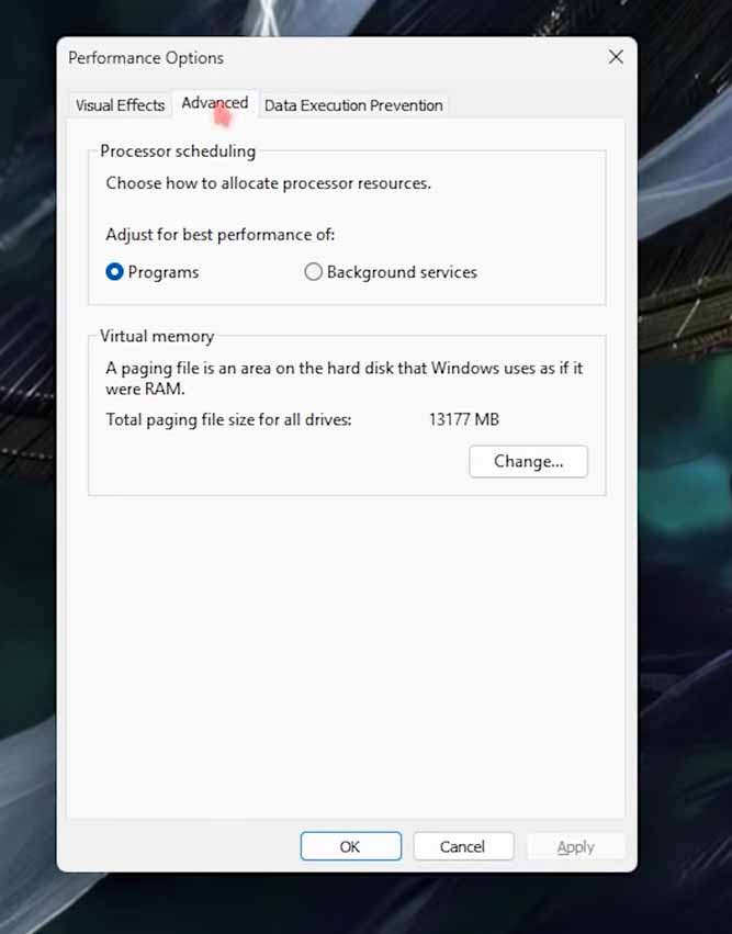 Windows Performance Options Advanced tab with Processor scheduling set to Programs