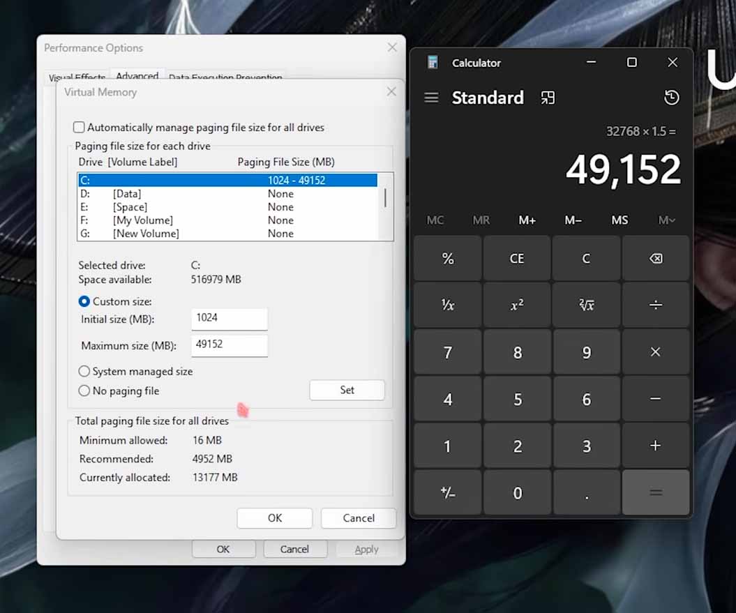 Windows Virtual Memory dialog with a custom paging file of 1024 MB initial and 49152 MB maximum
