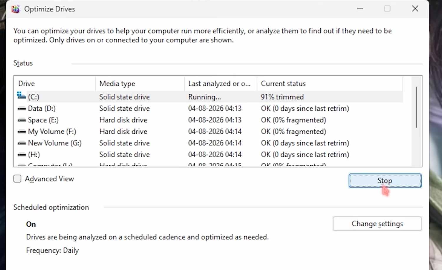 Windows Optimize Drives window showing the game drive trim status