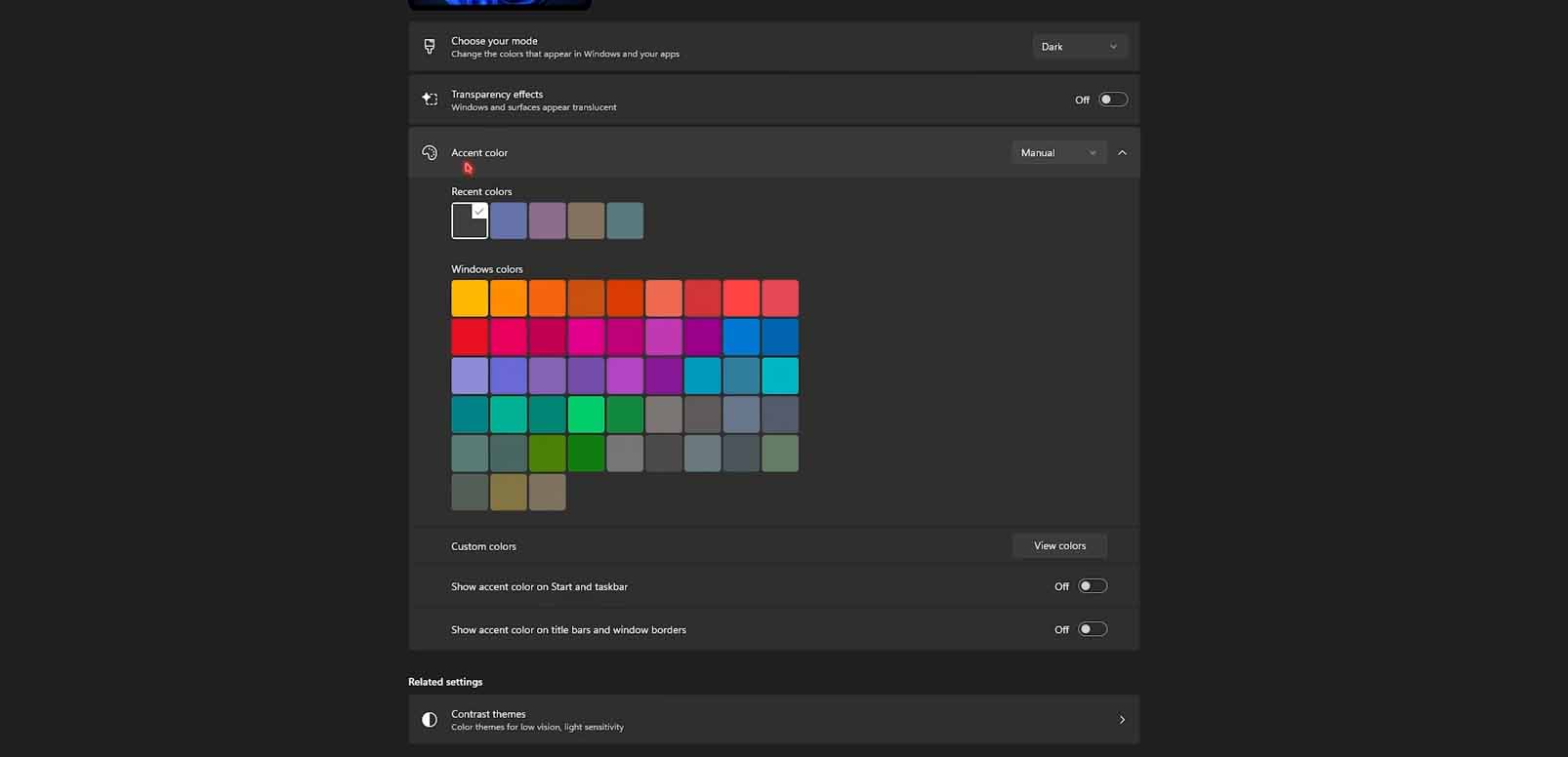 Windows Personalization Colors page with Transparency effects turned off