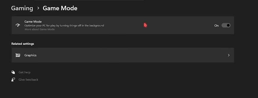 Windows Gaming settings with Game Mode turned on