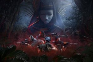 Four Ghost Recon operators move through red mist in the jungle beneath a masked hooded figure with a golden halo